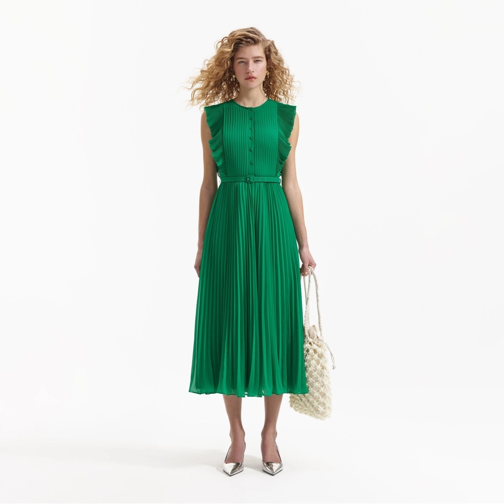 Self-Portrait Green Pleated Midi Dress for Wedding Guest